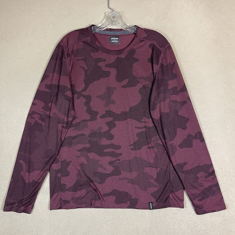 prAna Shirt Mens Medium Burgundy Camo Prospect Heights Long Sleeve Performance